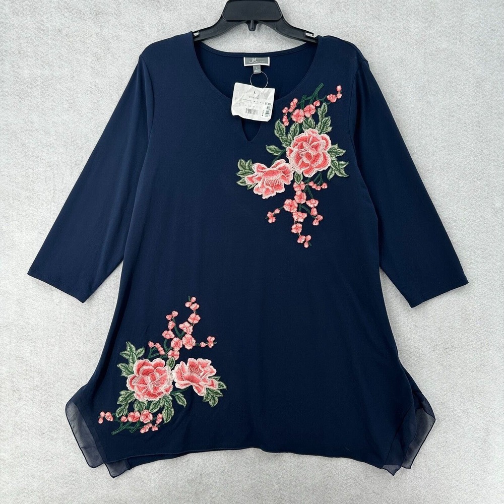 NEW JM Collection Top Women LARGE Asymmetrical Hem 3/4 Sleeve Floral Embroidered